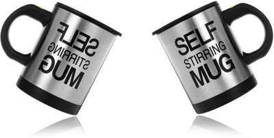 E-DEAL Super Self Stirring Stainless Steel, Plastic Mug(350 ml, Pack of 2), Multicolor