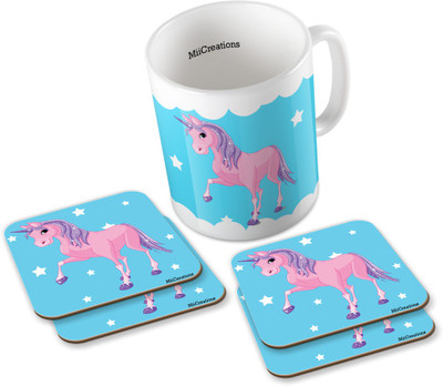 

MiiCreations Printed Unicorn (1 Ceramic + 4 MDF Coaster) Coaster Coffee Set Ceramic Mug(325 ml, Pack of 5), Multicolor