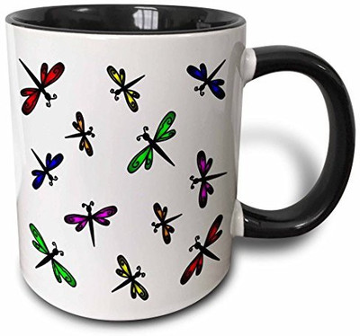 

3dRose mug_6116_4 Dancing Rainbow Dragonflies Print Two Tone Black, 11 oz, Black/White Ceramic Mug(60 ml), Multicolor