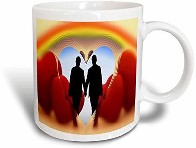

3dRose Print of Gay Couple with Rainbow and Hearts Ceramic, 15 oz, White Ceramic Mug(60 ml), Multicolor