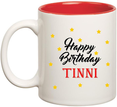 

Huppme Happy Birthday Tinni Inner Red Ceramic Mug(350 ml), Red;white