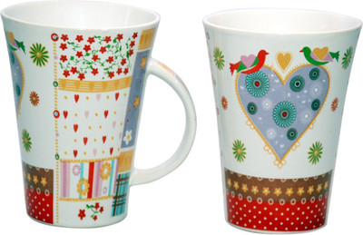 S Lovebird Ceramic Mug(350 ml, Pack of 2), White