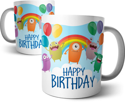 

Chiraiyaa Happy Birthday with Monsters Smileys Ceramic Mug(300 ml), Multicolor