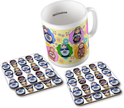 

MiiCreations Printed Russian Dolls (1 Ceramic + 4 MDF Coaster) Coaster Coffee Set Ceramic Mug(325 ml, Pack of 5), Multicolor