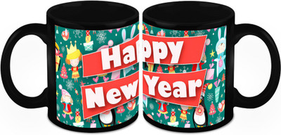 

Homesogood Cartoons Enjoying New Year Ceramic Mug(325 ml, Pack of 2)