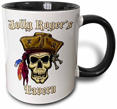 

3dRose mug_22844_4 Pirate Skull with Jolly Roger S Tavern Two Tone Black, 11 oz, Black/White Ceramic Mug(60 ml), Multicolor