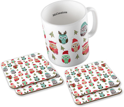 

MiiCreations Printed Owl Design (1 Ceramic + 4 MDF Coaster) Coaster Coffee Set Ceramic Mug(325 ml, Pack of 5), Multicolor