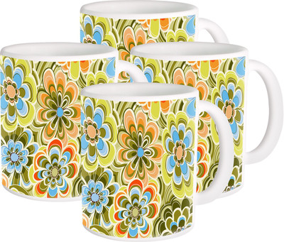 

Heyworlds flower design 03 Ceramic Mug(325 ml, Pack of 4), Multicolor