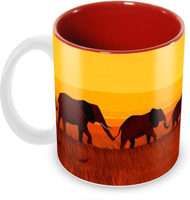 

Tuelip Beautiful Unity Of Elephant Printed inside Red for Tea And Coffee Ceramic Mug(350 ml), Multicolor