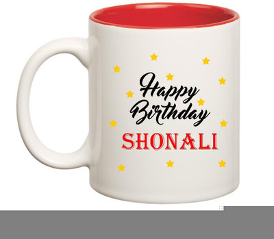 

Huppme Happy Birthday Shonali Inner Red Ceramic Mug(350 ml), Red;white