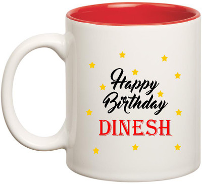 

HuppmeGift Happy Birthday Dinesh Inner Red Ceramic (350ml) Ceramic Mug(350 ml), Red;white