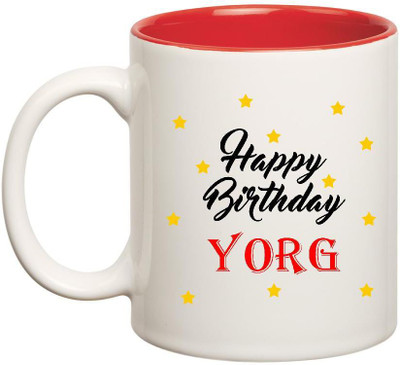 

Huppme Happy Birthday Yorg Inner Red Ceramic Mug(350 ml), Red;white