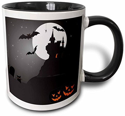 

3dRose mug_200328_4 Halloween Haunted Castle with Pumpkins Two Tone Black, 11 oz, Black/White Ceramic Mug(60 ml), Multicolor