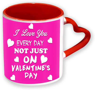 

Heyworlds Happy Valentine Day Gifts Heart Shape Red Color with Handle 44 Ceramic Mug(325 ml), Multicolor
