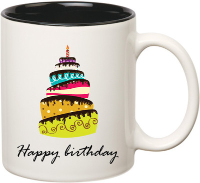 

HuppmeGift Happy Birthday Inner Black Ceramic Mug(350 ml), Black;white