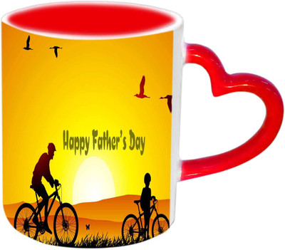

Raj Laxmi Beautiful Sunset View Fathers day Wishes Red Heart Handle Ceramic Mug(350 ml)