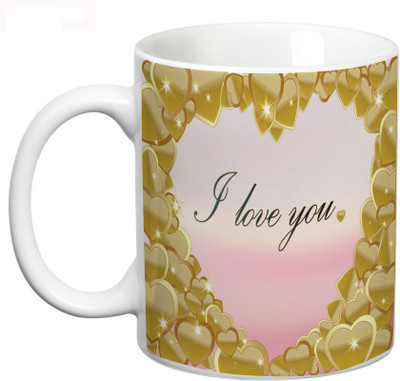 

Prithish Pink & Gold Heart, I Love You Ceramic Mug(330 ml), Multicolor