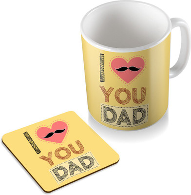 

SKY TRENDS I Love You Dad With Pink Heart And Mustaches Gifts For Father's Day Coaster Coffee Set Ceramic Mug(320 ml, Pack of 2), White