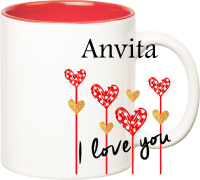 

Huppme I Love You Anvita Inner Red (350 ml) Ceramic Mug(350 ml), Red;white