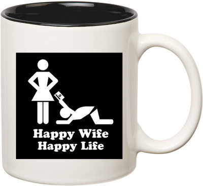 

HuppmeGift Happy Wife Inner Black Ceramic Mug(350 ml), Black;white