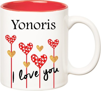 

Huppme I Love You Yonoris Inner Red (350 ml) Ceramic Mug(350 ml), Red;white