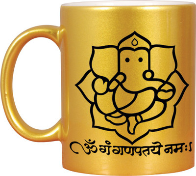 

Huppme Om Ganesha Golden Ceramic Mug(350 ml), Gold