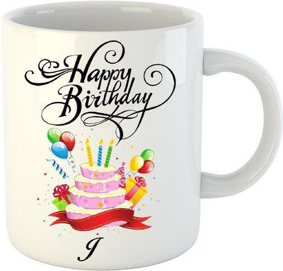 Huppme Happy Birthday J White (350 ml) Ceramic Mug(350 ml)