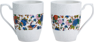 

GoldLeaff Embossed Floral Blue Porcelain Mug(350 ml, Pack of 2), Multicolor