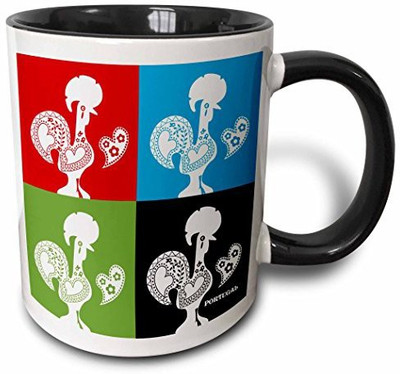 

3dRose Four Portuguese Roosters in Black, Red, Blue and Green Color Two Tone Black, 11 oz, Black/White Ceramic Mug(60 ml)