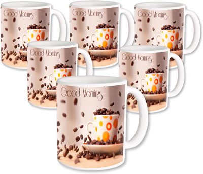 

Heyworlds Gifts for Good Morning set of six 01 Ceramic Mug(325 ml, Pack of 6), Multicolor