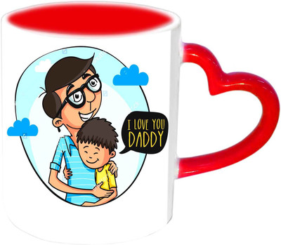 

Raj Laxmi Caring Dad With His Son With Cartoon Design Red Heart Handle Ceramic Mug(350 ml)