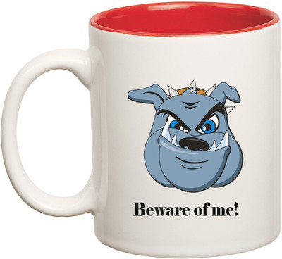 HuppmeGift Beware Inner Red Ceramic Mug(350 ml), Red;white