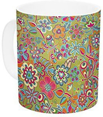 

Kess InHouse InHouse Julia Grifol My Butterflies and Flowers in Green Rainbow Floral Ceramic Coffee, 11 oz, Multicolor Ceramic Mug(60 ml)