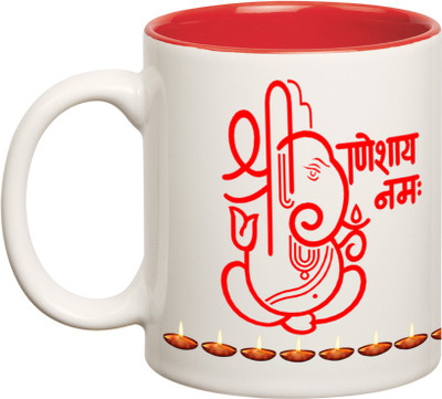 

Huppme Shubh Deepawali Inner Red Ceramic Mug(350 ml), Red;white