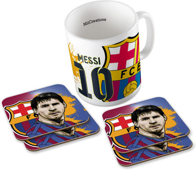 

MiiCreations Printed Lionel Messi (1 Ceramic + 4 MDF Coaster) Coaster Coffee Set Ceramic Mug(325 ml, Pack of 5), Multicolor