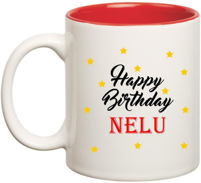 

Huppme Happy Birthday Nelu Inner Red Ceramic Mug(350 ml), Red;white