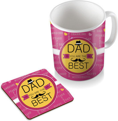 

SKY TRENDS Dad You Are The Best With Yellow Background Gifts For Father's Day Coaster Coffee Set Ceramic Mug(320 ml, Pack of 2), White