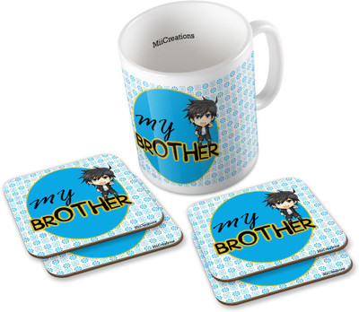 

MiiCreations Printed My Brother (1 Ceramic + 4 MDF Coaster) Coaster Coffee Set Ceramic Mug(325 ml, Pack of 5), Multicolor
