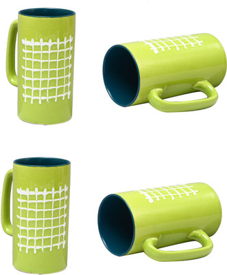 

caffeine Lime Green Check and Mate Ceramic Mug(500 ml, Pack of 4), Blue;green