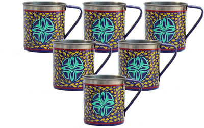 

eCraftIndia Handpainted Decorative Stainless Steel Mug(180 ml, Pack of 6), Blue