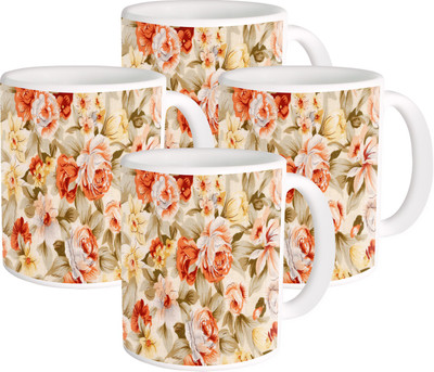 

Heyworlds flower design art Ceramic Mug(325 ml, Pack of 4), Multicolor