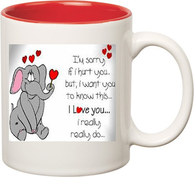 

Huppme I Love You Elephant Inner Red Ceramic Mug(350 ml), Red;white