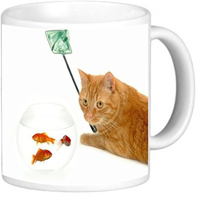 

Rikki Knight LLC Knight Photo Quality Ceramic Coffee, 11 oz, Cat Fishing Goldfish Ceramic Mug(60 ml), Multicolor
