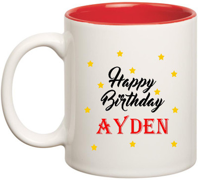 

HuppmeGift Happy Birthday Ayden Inner Red Ceramic (350ml) Ceramic Mug(350 ml), Red;white