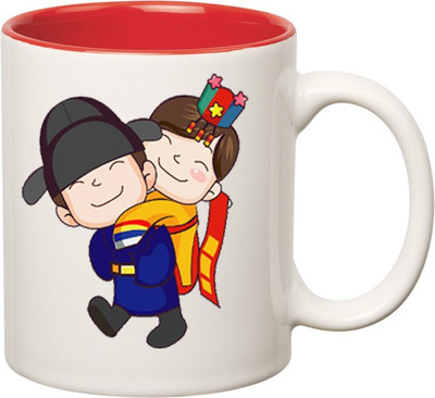 

Huppme Cute Cartoon Inner Red Ceramic Mug(350 ml), Red;white
