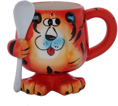 

Aarzool 3d Look Lion Print With Spoon Ceramic Mug, Red