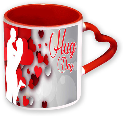 

Heyworlds Happy Hug Day Gifts Heart Shape Red Color with Handle Ceramic Mug(325 ml), Multicolor