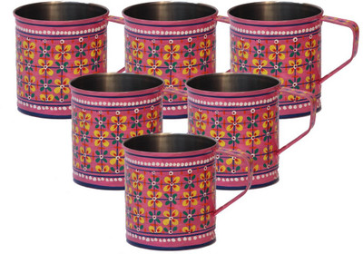 

eCraftIndia Handpainted Decorative Stainless Steel Mug(180 ml, Pack of 6), Pink