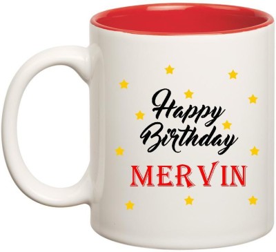 

Huppme Happy Birthday Mervin Inner Red Ceramic Mug(350 ml), Red;white