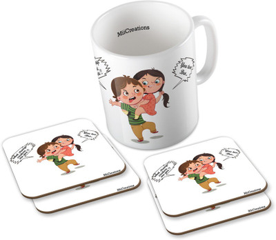 

MiiCreations Printed Bro | Sister | What Strange Creature Are You!! | You Too Bro… (1 Ceramic + 4 MDF Coaster) Coaster Coffee Set Ceramic Mug(325 ml, Pack of 5), Multicolor